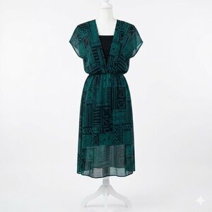 VTG 80s Pellini by Von Bramlett Geometric Print Midi Dress Teal Black Sz 13/14‎